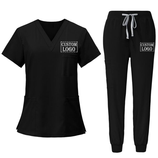 Custom Scrubs for Women Set Nurse Uniform Customized Logo Name Top & Pants Multi Pocket Esthetician Workwear-Black