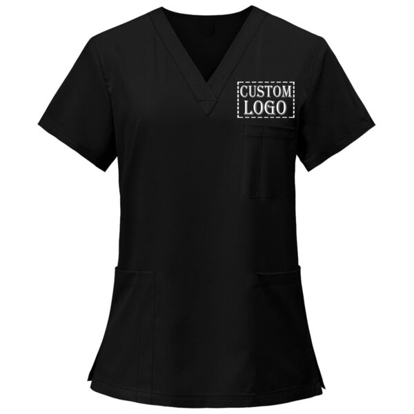 Custom Scrubs for Women Set Nurse Uniform Customized Logo Name Top & Pants Multi Pocket Esthetician Workwear-Black - Image 3