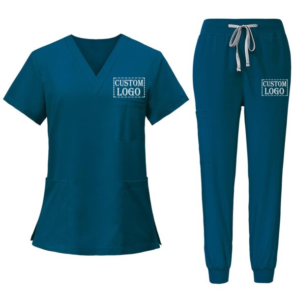 Custom Scrubs for Women Set Nurse Uniform Customized Logo Name Top & Pants Multi Pocket Esthetician Workwear- Blue