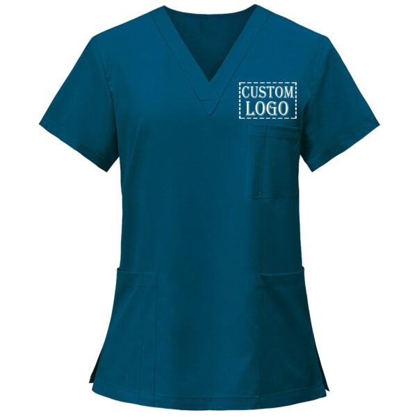 Custom Scrubs for Women Set Nurse Uniform Customized Logo Name Top & Pants Multi Pocket Esthetician Workwear- Blue - Image 2