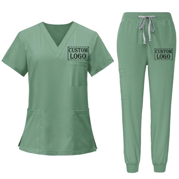 Custom Scrubs for Women Set Nurse Uniform Customized Logo Name Top & Pants Multi Pocket Esthetician Workwear-Green