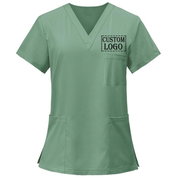 Custom Scrubs for Women Set Nurse Uniform Customized Logo Name Top & Pants Multi Pocket Esthetician Workwear-Green - Image 2