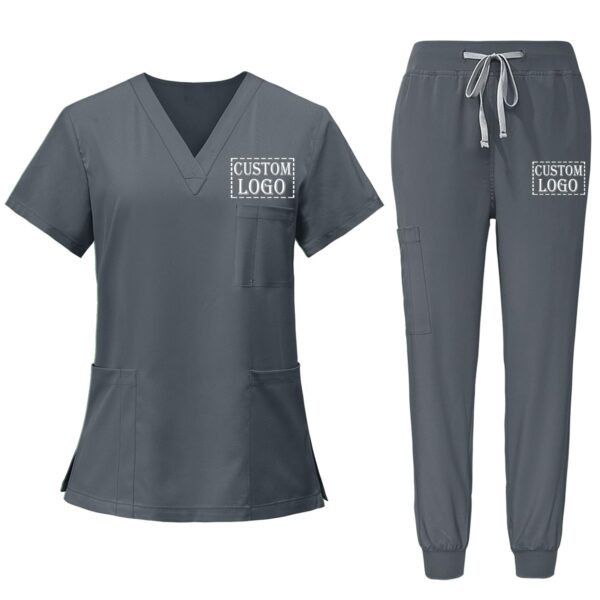 Custom Scrubs for Women Set Nurse Uniform Customized Logo Name Top & Pants Multi Pocket Esthetician Workwear-Grey