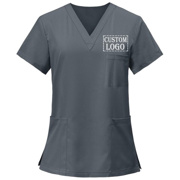 Custom Scrubs for Women Set Nurse Uniform Customized Logo Name Top & Pants Multi Pocket Esthetician Workwear-Grey - Image 2