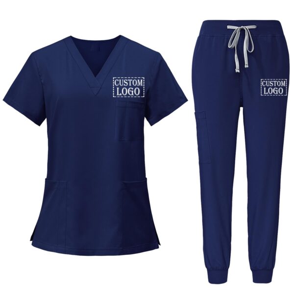 Custom Scrubs for Women Set Nurse Uniform Customized Logo Name Top & Pants Multi Pocket Esthetician Workwear-Navy Blue