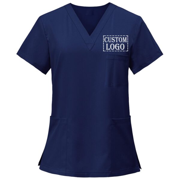 Custom Scrubs for Women Set Nurse Uniform Customized Logo Name Top & Pants Multi Pocket Esthetician Workwear-Navy Blue - Image 2