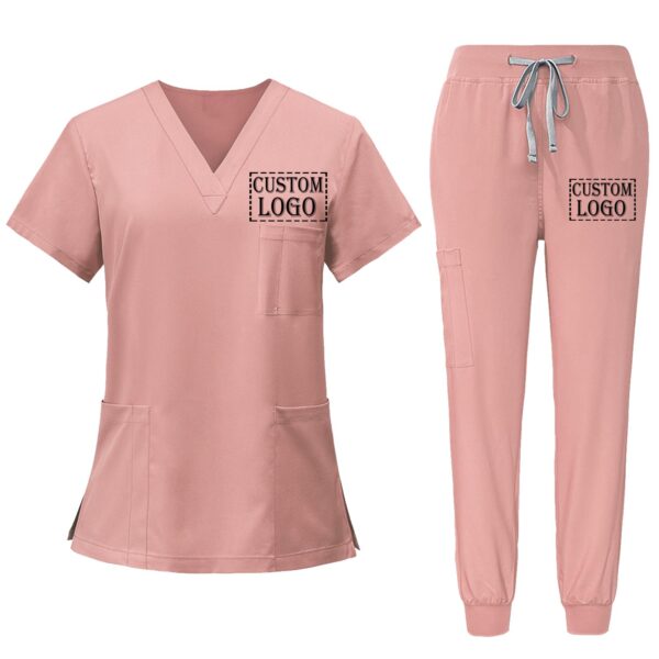 Custom Scrubs for Women Set Nurse Uniform Customized Logo Name Top & Pants Multi Pocket Esthetician Workwear- Pink