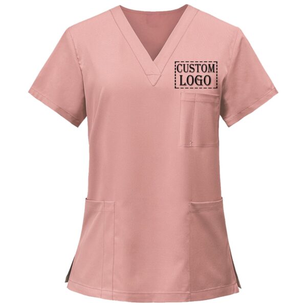 Custom Scrubs for Women Set Nurse Uniform Customized Logo Name Top & Pants Multi Pocket Esthetician Workwear- Pink - Image 2